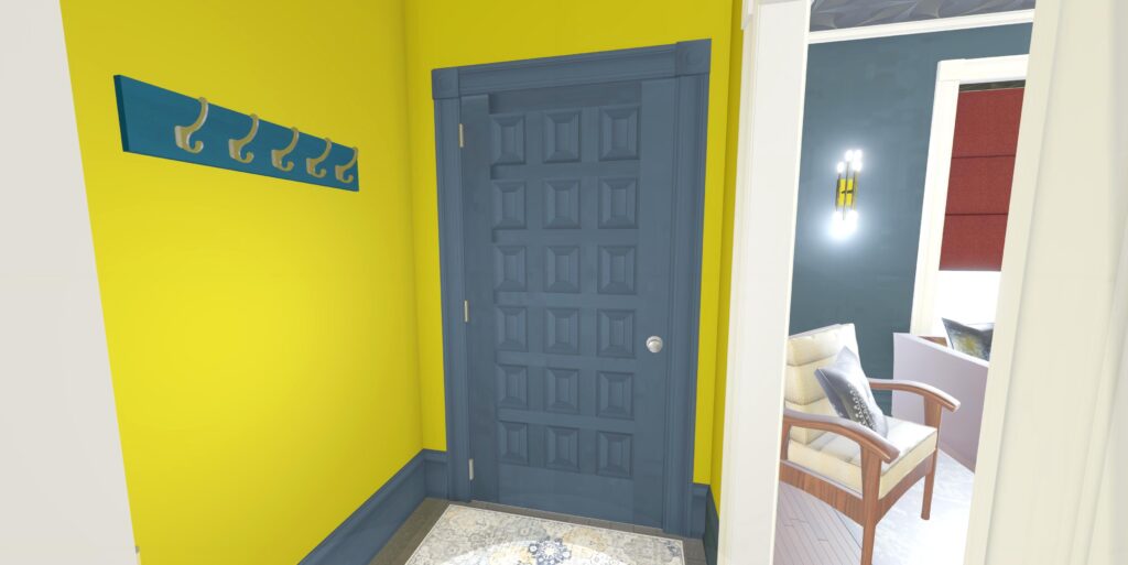 Entry way rendering with bold colours